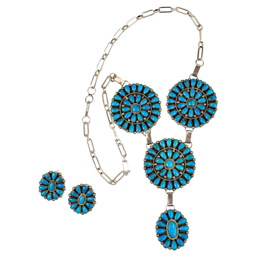 Kingman Cluster Sterling Silver Navajo Necklace Set with Matching Earrings