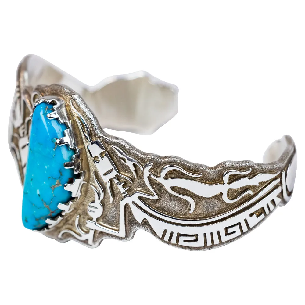 Kingman Turquoise and Sterling Silver Rainbow Yei Navajo Bracelet - Image 3