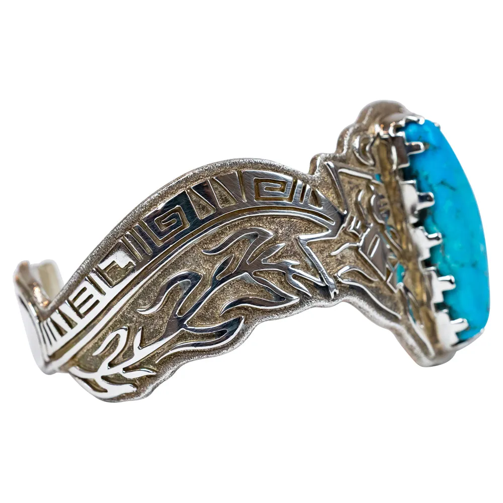 Kingman Turquoise and Sterling Silver Rainbow Yei Navajo Bracelet - Image 4