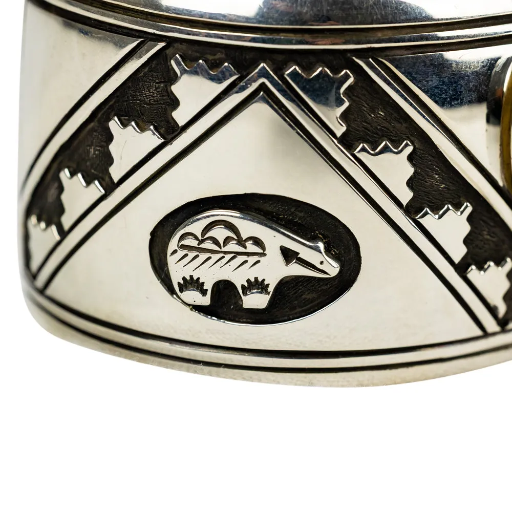 Silver, Kingman Turquoise Zuni Bear Overlay Cuff Bracelet - Image 3