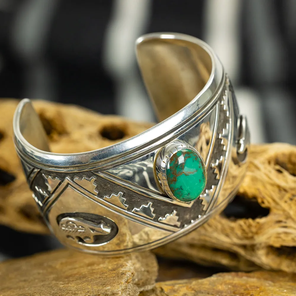 Silver, Kingman Turquoise Zuni Bear Overlay Cuff Bracelet - Image 5