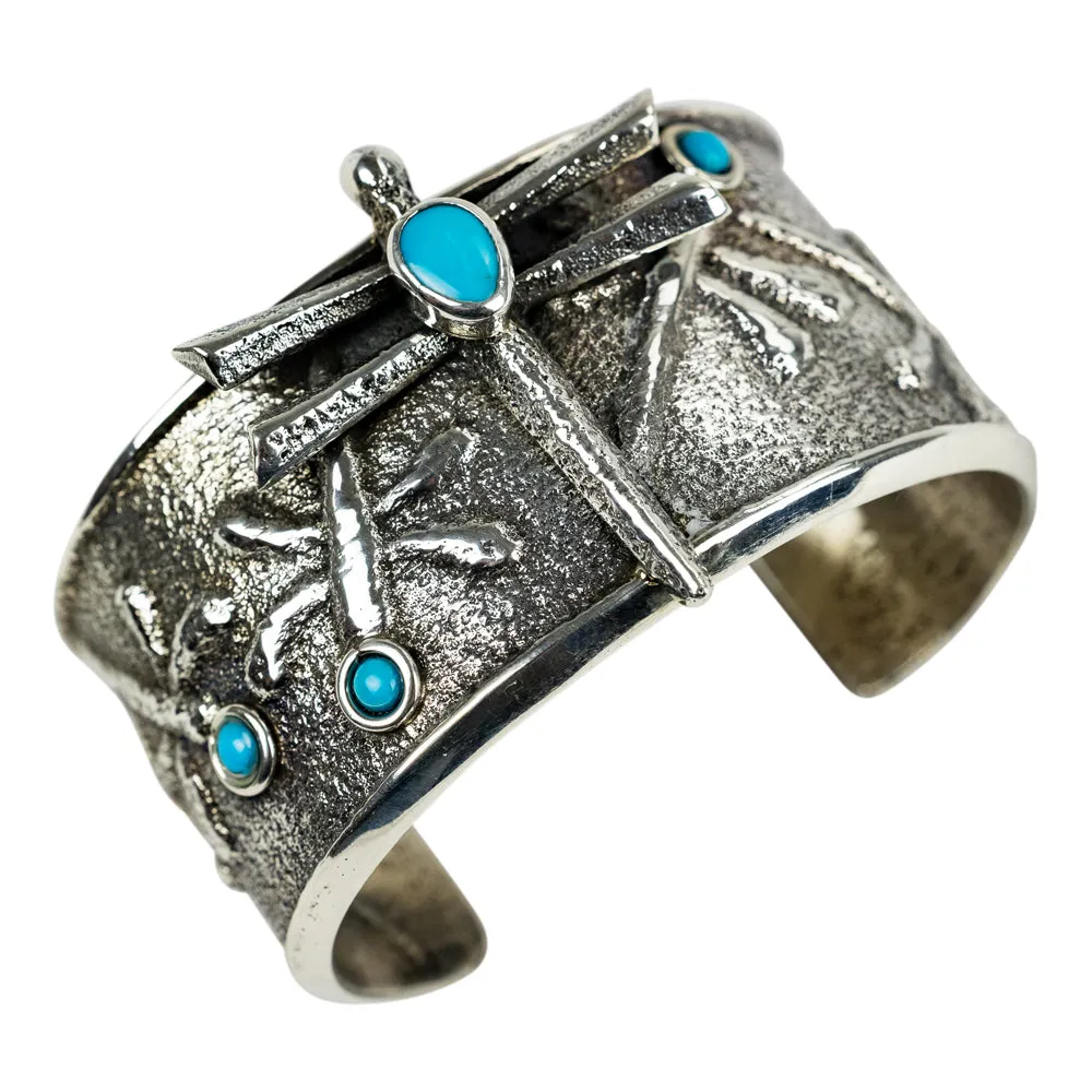 Silver, Sleeping Beauty Turquoise Tufa Cast Dragonfly Cuff Bracelet - Image 4