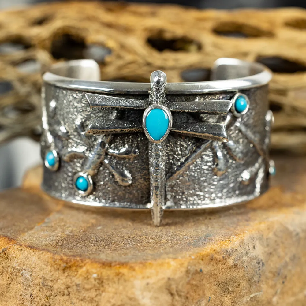 Silver, Sleeping Beauty Turquoise Tufa Cast Dragonfly Cuff Bracelet - Image 5
