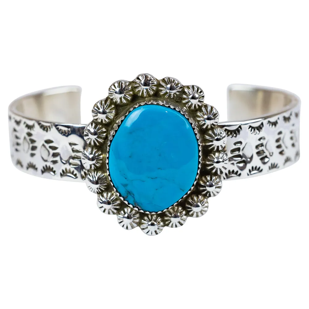 Sleeping Beauty Turquoise Stamped Sterling Silver Navajo Bracelet