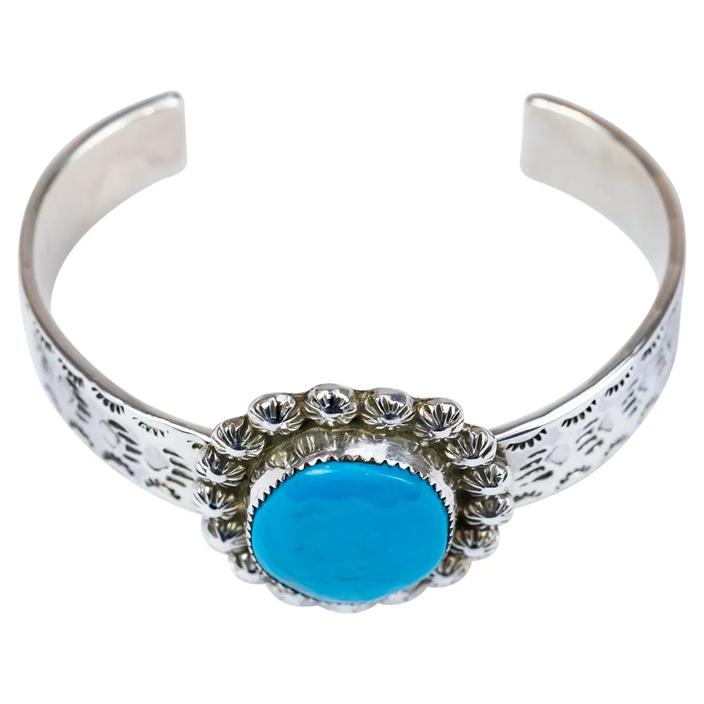 Sleeping Beauty Turquoise Stamped Sterling Silver Navajo Bracelet - Image 2