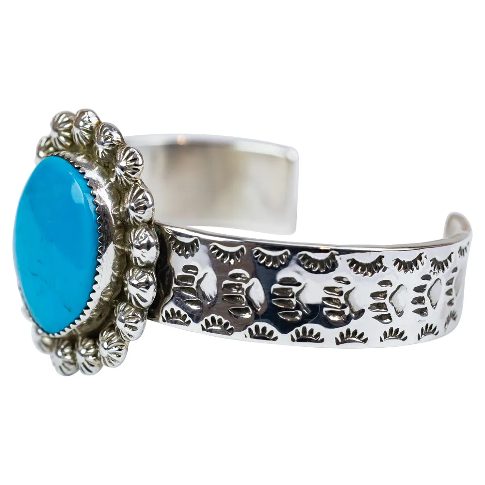Sleeping Beauty Turquoise Stamped Sterling Silver Navajo Bracelet - Image 4