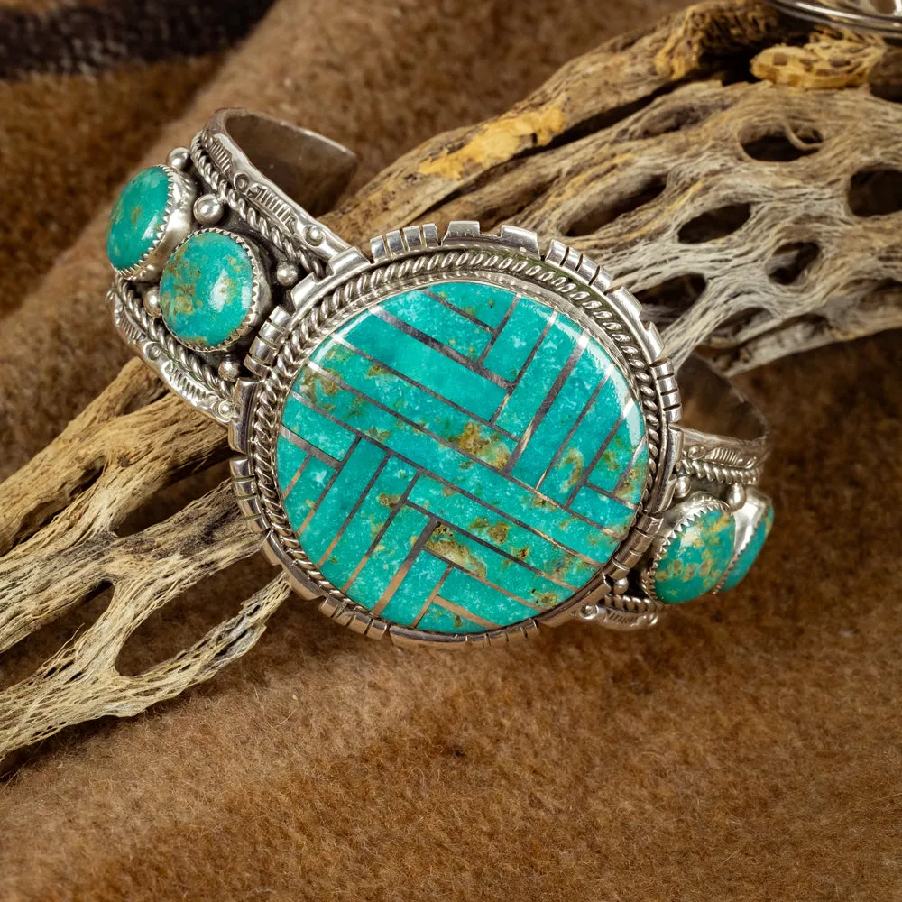 Sterling Silver, Kingman Turquoise Inlay Cuff Bracelet - Image 5