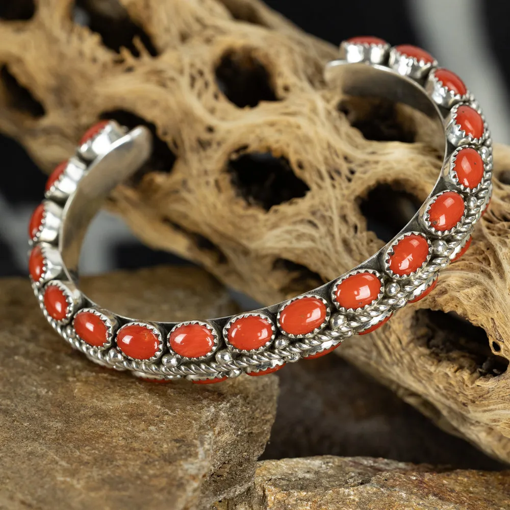 Sterling Silver, Mediterranean Coral Cluster Cuff Bracelet - Image 5