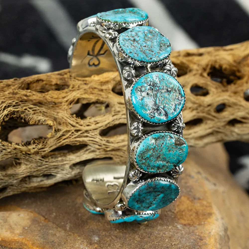 Sterling Silver, Nine-Stone Kingman Turquoise Heavy Gauge Cuff Bracelet - Image 6