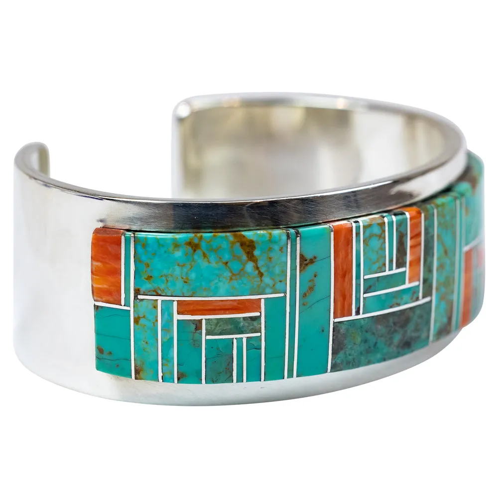 Turquoise & Spiny Oyster Sterling Silver Navajo Bracelet - Image 2
