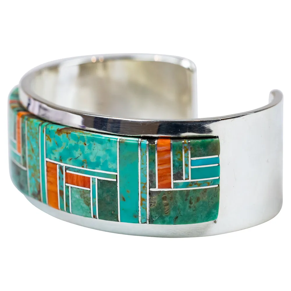 Turquoise & Spiny Oyster Sterling Silver Navajo Bracelet - Image 3