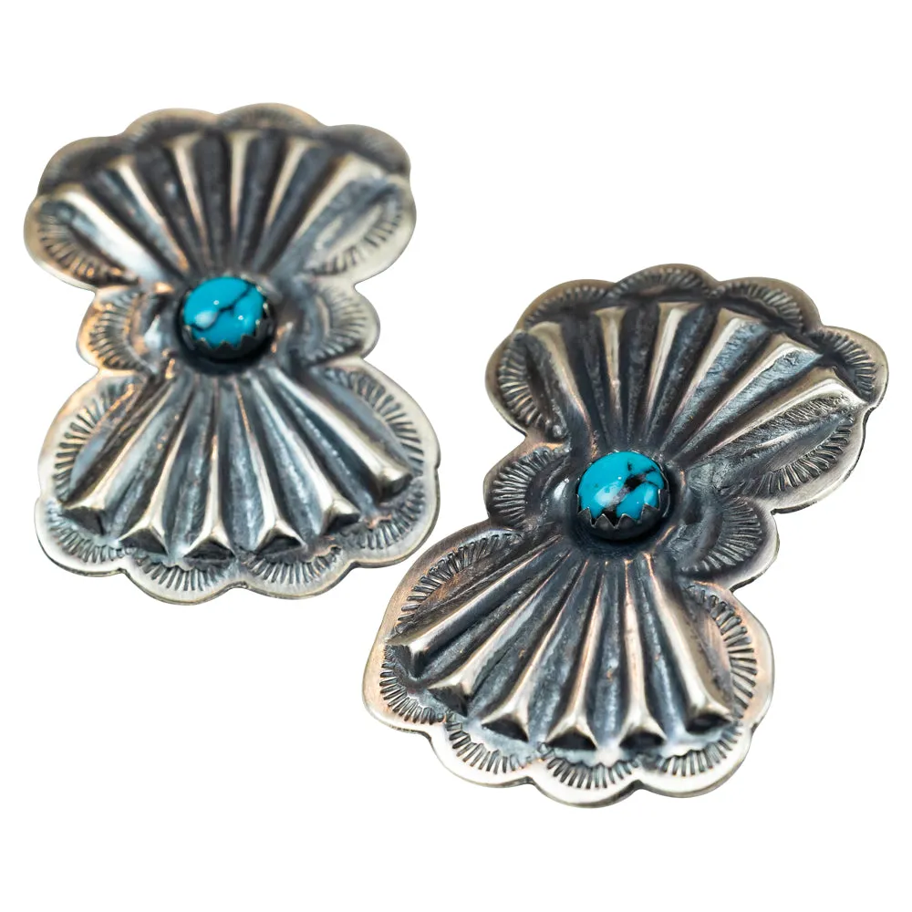 Turquoise Sterling Silver Stamped Concho Navajo Earrings - Image 2